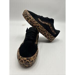 Vans Old Skool Platform Black Brown Leopard Print Trim Shoes Women’s Size 9